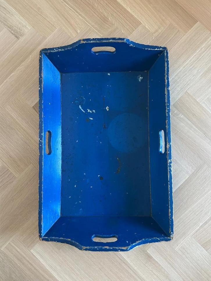 Antiek blauwe mangelbak planten- lectuurbak dienblad vintage, Antiek en Kunst, Antiek | Woonaccessoires, Ophalen