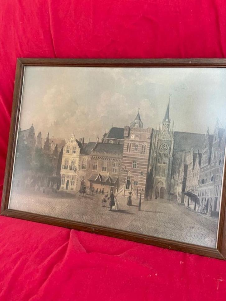Goes Grote Markt Zeeland stadsgezicht ca. 1750 met lijst, Antiek en Kunst, Kunst | Etsen en Gravures, Ophalen of Verzenden