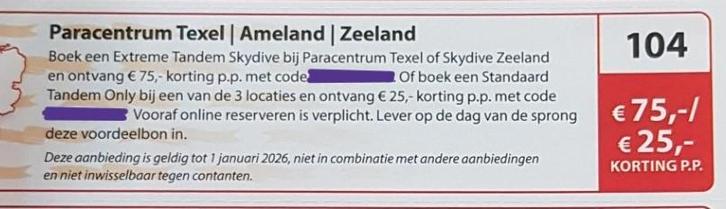 Paracentrum Texel-Ameland-Zeeland korting € 25/75 p.p., Tickets en Kaartjes, Kortingen en Cadeaubonnen, Drie personen of meer