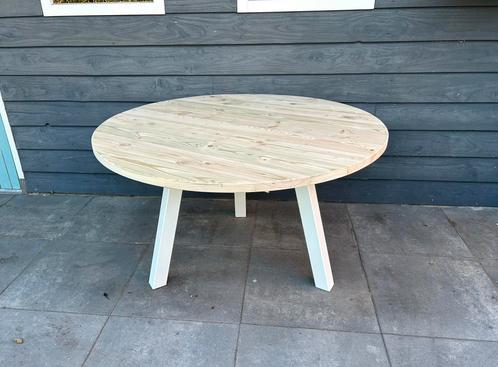Ronde houten eettafel witte stalen poten / tuintafel, Huis en Inrichting, Tafels | Eettafels, Nieuw, 100 tot 150 cm, 100 tot 150 cm