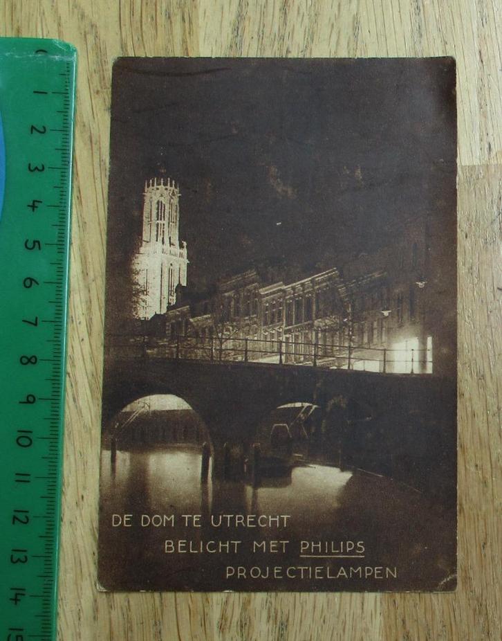 Oude kaart Domtoren Utrecht met PHILIPS lampen verlicht, Verzamelen, Overige Verzamelen, Gebruikt, Ophalen of Verzenden