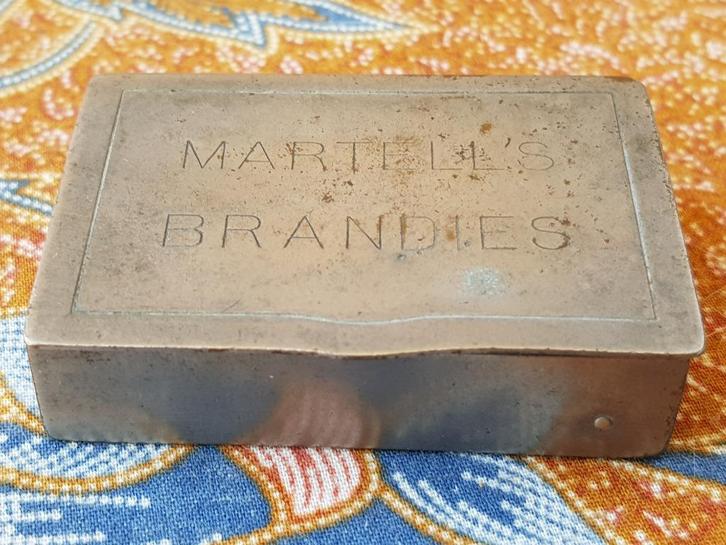 Mooie antieke Martell´s Brandies luciferdoos uit Engeland., Antiek en Kunst, Antiek | Koper en Brons, Koper, Ophalen of Verzenden