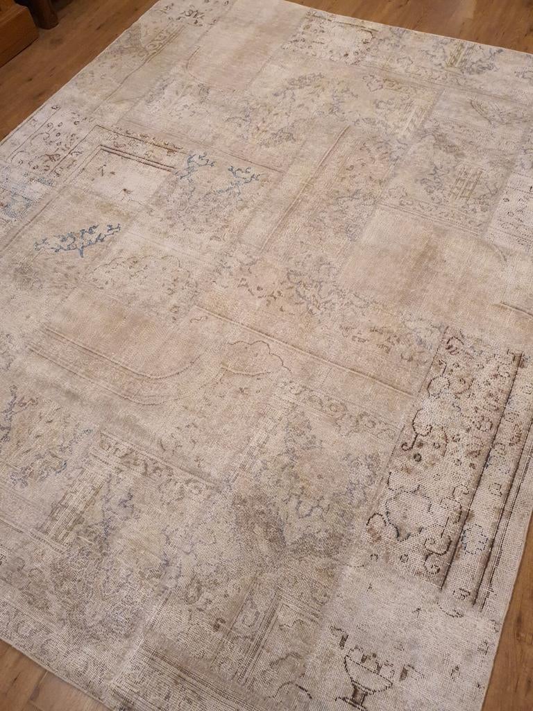 Vintage handgeknoopt oosters tapijt patchwork 250x202, Info@SlatsAntiek.nl, Tweedehands, 200 cm of meer, Crème