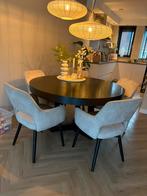 Eettafel Keijser en Co + 5 luxe beige eetkamerstoelen, Huis en Inrichting, Ophalen, Rond, Zo goed als nieuw, 100 tot 150 cm