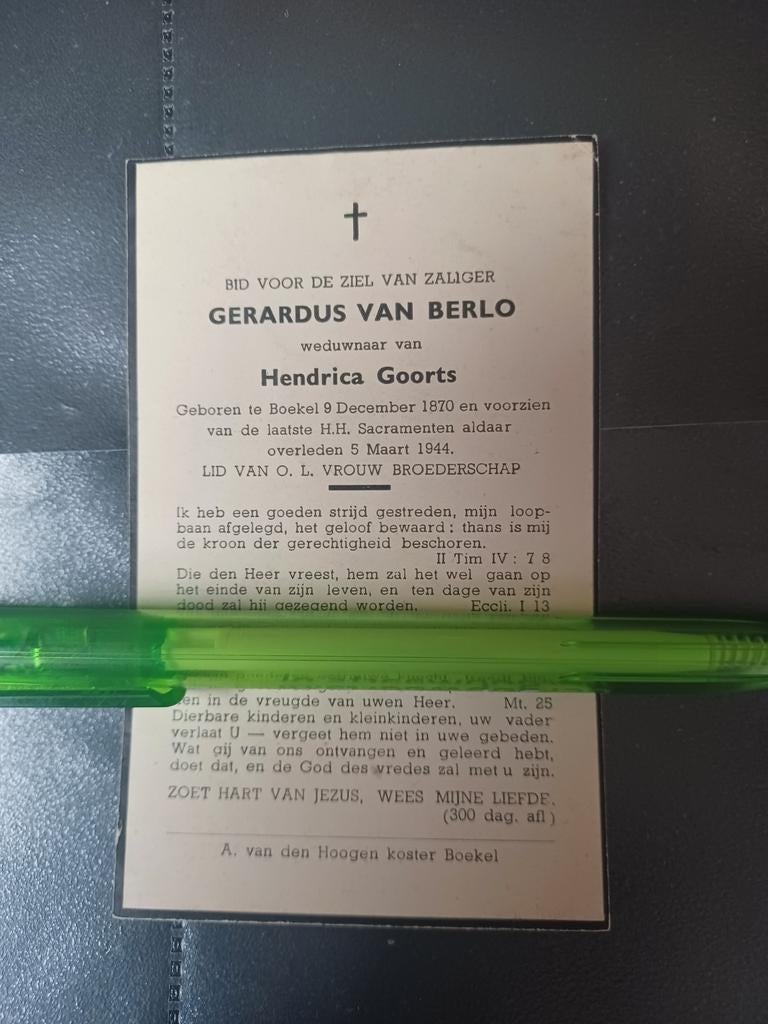 Bidprentje Boekel Gerardus van Berlo 1870 1944, Ophalen, Bidprentje
