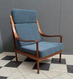 60 jaren hoge rug teak Wilhelm Knoll fauteuil grijs blauw, Huis en Inrichting, Fauteuils, Ophalen, Hout, Gebruikt, Vintage