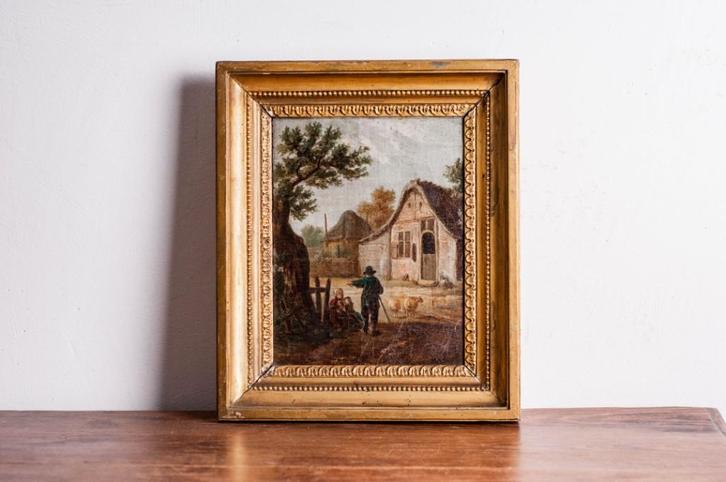 Antiek olieverfschilderij met herder en schapen, Antiek en Kunst, Kunst | Schilderijen | Klassiek, Ophalen of Verzenden