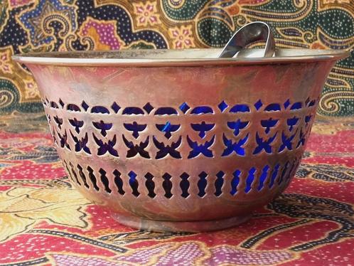 Antieke Engels blauw glas en silverplate suikerpot met tang., Antiek en Kunst, Antiek | Woonaccessoires, Ophalen of Verzenden