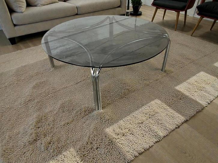 vintage ronde glazen salontafel met chromen frame, Antiek en Kunst, Curiosa en Brocante, Ophalen