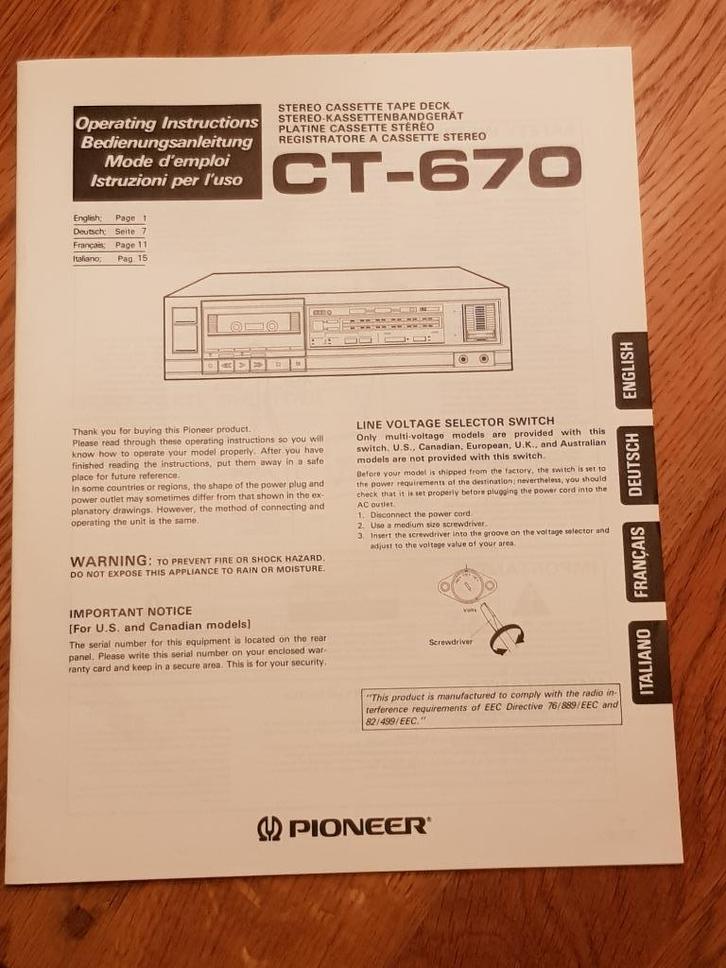HANDLEIDING PIONEER CT-670 / ENGLISCH-DEUTSCH-FRANS-ITALIANO, Audio, Tv en Foto, Overige Audio, Tv en Foto, Zo goed als nieuw