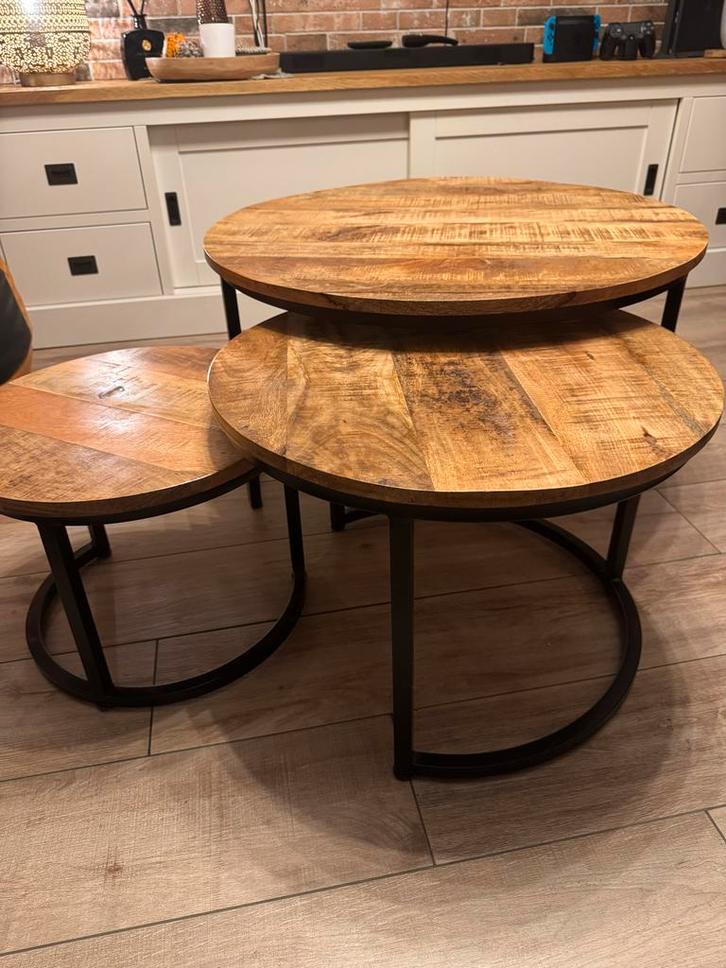 Salontafel set mango hout (3 stuks), Huis en Inrichting, Tafels | Bijzettafels, Zo goed als nieuw, Rond, Minder dan 45 cm, Minder dan 55 cm