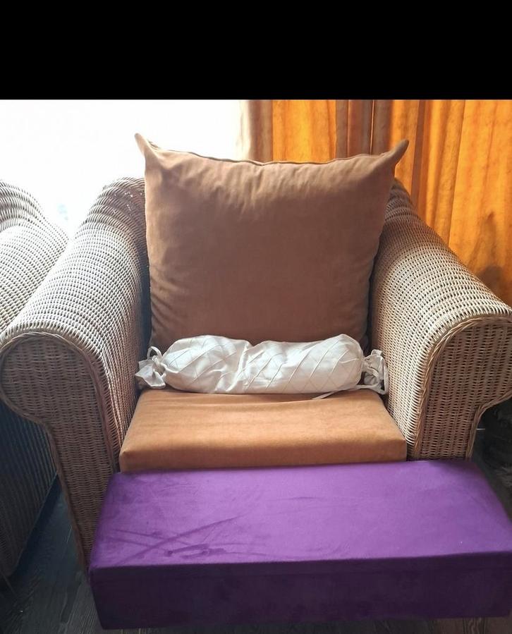 Rotan fauteuils met kussens, Huis en Inrichting, Fauteuils, Zo goed als nieuw, Riet of Rotan, Stof, 75 tot 100 cm, 75 tot 100 cm