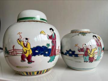 Vintage 2 Chinese Jiangxi Gemberpotten Deksel Tafereel  50’s beschikbaar voor biedingen