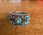 Vintage zilveren ring met turquoise kralen – ca. maat 20 mm, Ophalen of Verzenden, Zo goed als nieuw, 20 of groter, Zilver