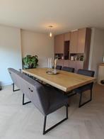 Eiken eettafel met kruispoot, bank en stoelen, Ophalen