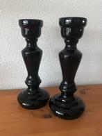 Set van 2 zwarte glazen kandelaars, Overige materialen, Zwart, Ophalen of Verzenden, Zo goed als nieuw