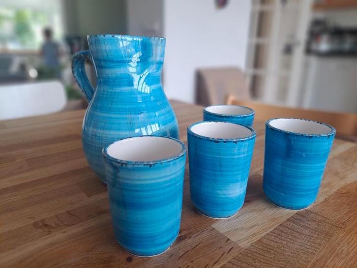 Karaf met bekers, turkoois, aardewerk, Huis en Inrichting, Keuken | Servies, Zo goed als nieuw, Overige typen, Overige stijlen