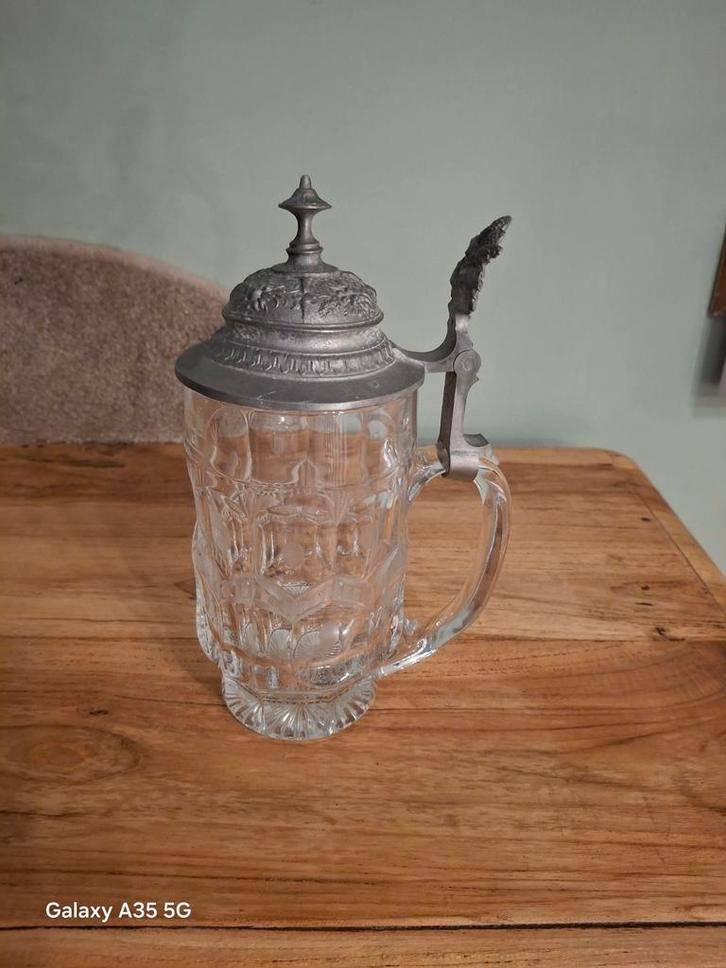 Bierpul met Tinnen Deksel, Antiek en Kunst, Antiek | Glas en Kristal, Ophalen of Verzenden