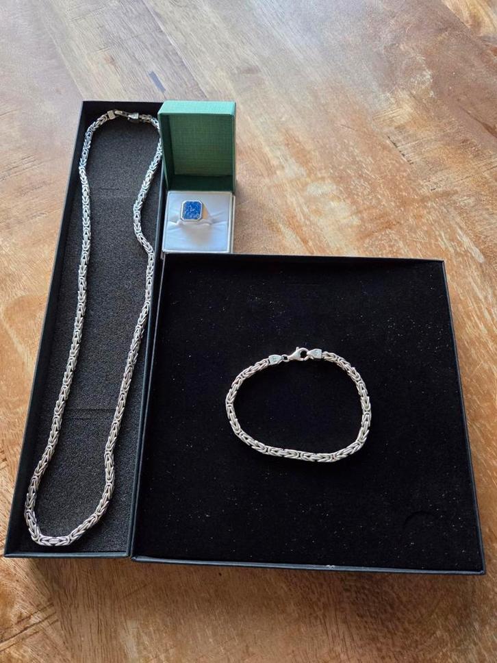 Zilveren sieraden set: koningsketting, koningsarmband, ring, Sieraden, Tassen en Uiterlijk, Kettingen, Zo goed als nieuw, Zilver