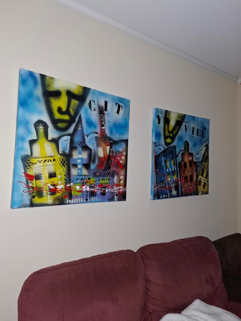 Tweeluik Fabian - City Vieuw, Antiek en Kunst, Kunst | Schilderijen | Klassiek, Ophalen