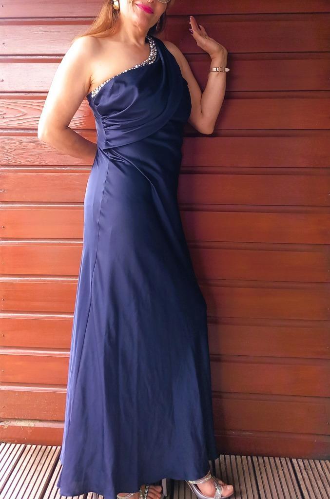 8. Elegante one-shoulder avondjurk – donkerblauw (Z), Kleding | Dames, Jurken, Zo goed als nieuw, Maat 38/40 (M), Blauw, Onder de knie