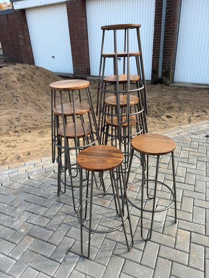 Partij metalen barkrukken, Huis en Inrichting, Barkrukken, Zo goed als nieuw, 60 tot 90 cm, Hout, Metaal, 5 krukken of meer, Met voetsteun