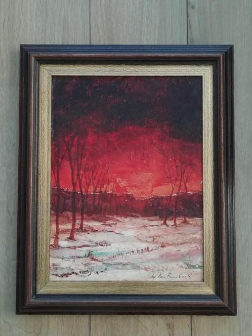 Bos bij avondrood - gesigneerd - olie op doek, Antiek en Kunst, Kunst | Schilderijen | Klassiek, Ophalen