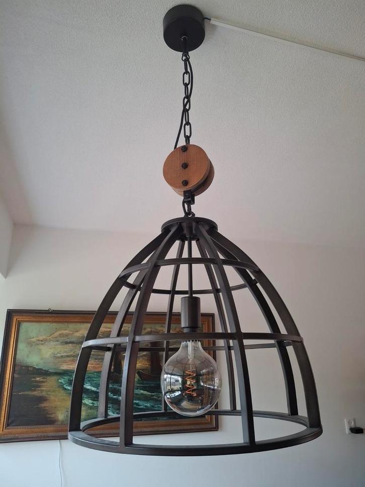 Industriële Hanglamp met Katrol, Huis en Inrichting, Lampen | Hanglampen, Zo goed als nieuw, 50 tot 75 cm, Hout, Metaal, Ophalen