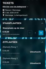 Te koop: 2 tickets Racoon 3 oktober 2026 ZITPLAATS RANG 2, Twee personen