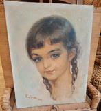 Oud Schilderij meisje met de bruine ogen, gesigneerd., Antiek en Kunst, Kunst | Schilderijen | Klassiek, Ophalen of Verzenden