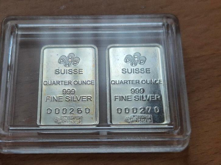 KNM & Pamp Suisse: 2 x ¼ oz zilverbaar. Lage serienummers., Postzegels en Munten, Edelmetalen en Baren, Zilver, Ophalen of Verzenden