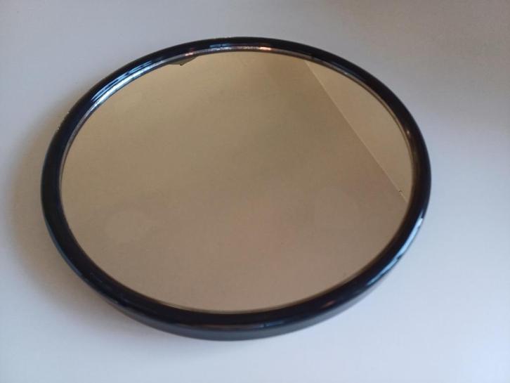 Vintage Zwart kunstof spiegel rond, Huis en Inrichting, Woonaccessoires | Spiegels, Gebruikt, Minder dan 50 cm, Minder dan 100 cm