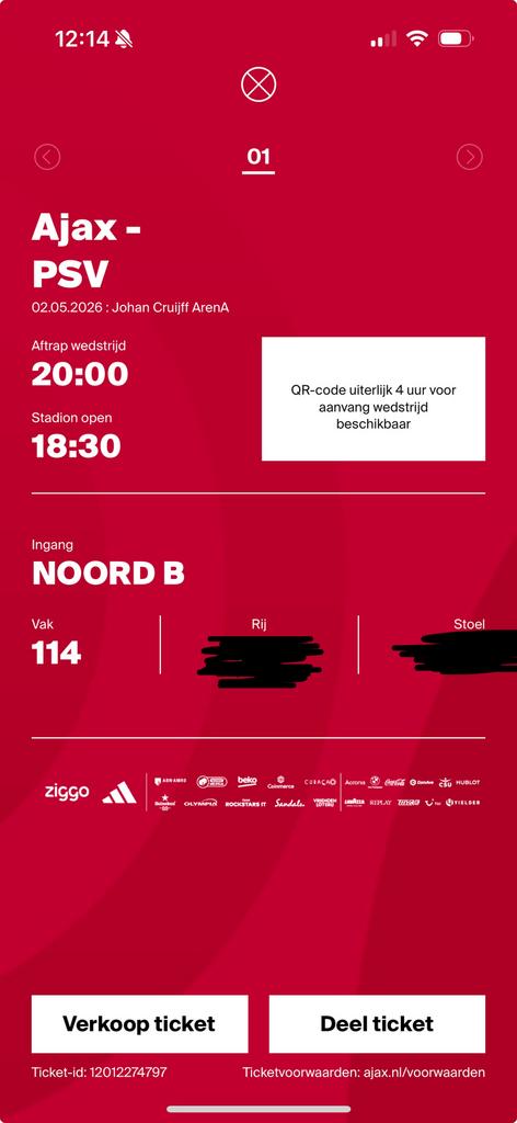Ajax Psv Noord B, Tickets en Kaartjes, Eén persoon, Februari