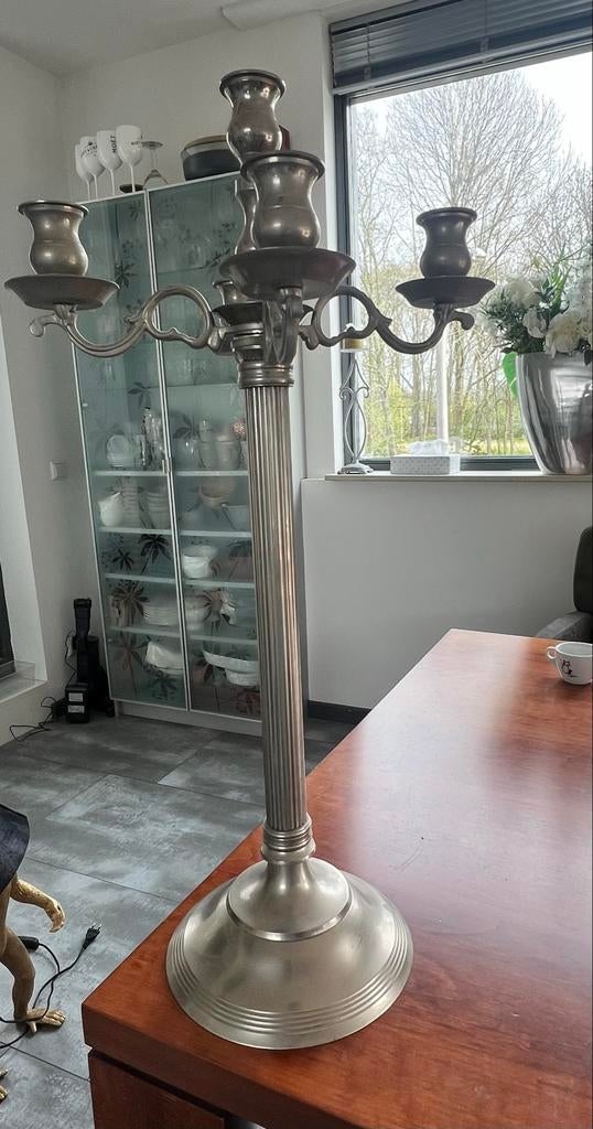 Grote zilverkleurige kandelaar met 5 armen, Gebruikt, 50 tot 75 cm, Ophalen of Verzenden, Metaal