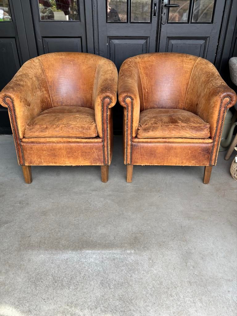 Set Vintage Schapenleren Clubfauteuils, Gebruikt, 50 tot 75 cm, Stoer vintage sleets, Leer