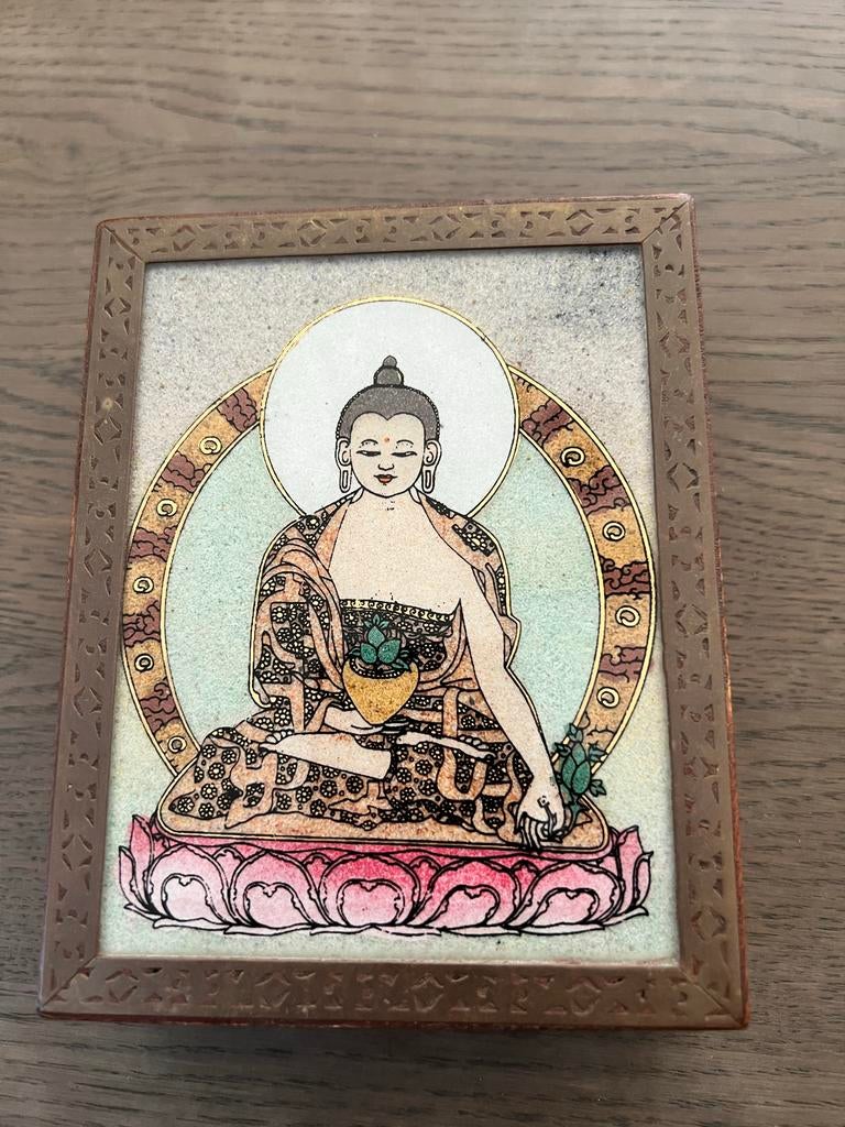 Houten kistje Nepal met Boeddha en edelsteen schilderij, Ophalen of Verzenden, Zo goed als nieuw