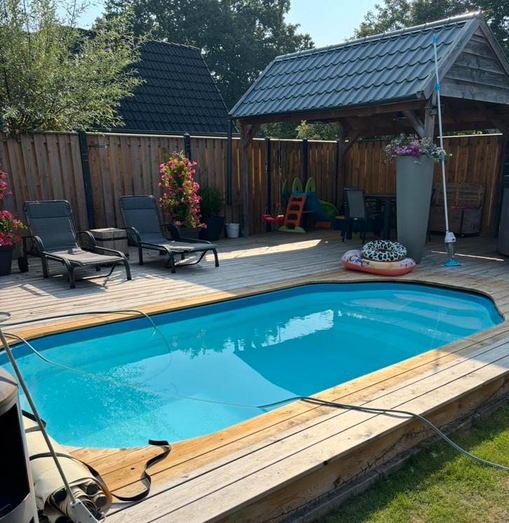 Polyester Inbouwzwembad met trap, Tuin en Terras, Zwembaden, Gebruikt, Inbouwzwembad, 120 cm of meer, 400 cm of meer, 200 tot 300 cm