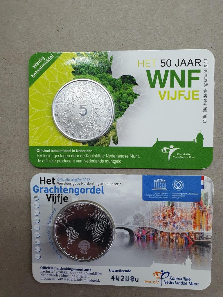 WNF Vijfje (2011) en Grachtengordel Vijfje (2012), Postzegels en Munten, Munten | Nederland, Ophalen of Verzenden