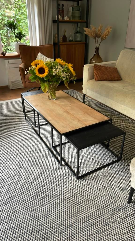 Industriële salontafels: teakhout & metaal (3-delig), Huis en Inrichting, Tafels | Salontafels, Ophalen, 100 tot 150 cm, Teakhout