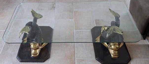 Salontafel met glazen blad en bronzen koi vissen, Ophalen, 100 tot 150 cm, 50 tot 100 cm, Glas