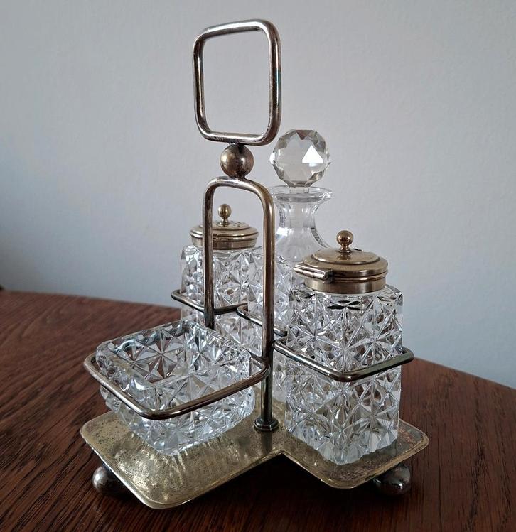 Olie- en azijnstel | Cruetset |kristal/verzilverd M.Willis&S, Antiek en Kunst, Antiek | Glas en Kristal, Ophalen