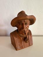 Houtgesneden Buste van Man met Hoed en Pijp, Antiek en Kunst, Kunst | Beelden en Houtsnijwerken, Ophalen of Verzenden