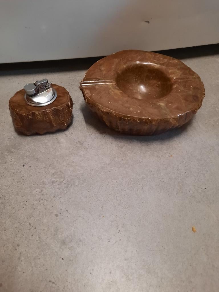 Vintage retro rookset asbak marmer marmeren tafelaansteker, Antiek en Kunst, Curiosa en Brocante, Ophalen of Verzenden