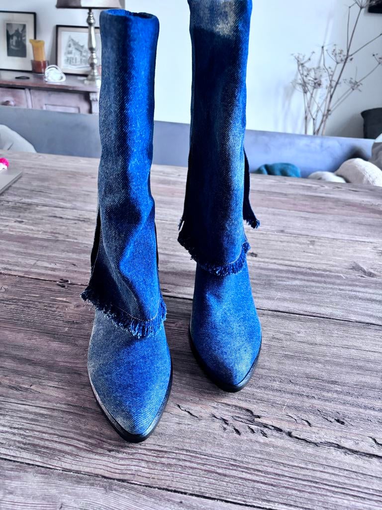 Denim fold-over boots Denim laarzen met hak maat 37, Ophalen of Verzenden, Gedragen, Blauw, Lage of Enkellaarzen
