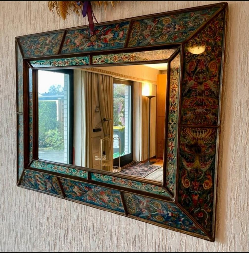 Peruaanse wandspiegel met beschilderde lijst, Huis en Inrichting, Ophalen, Rechthoekig, Minder dan 50 cm, Minder dan 100 cm