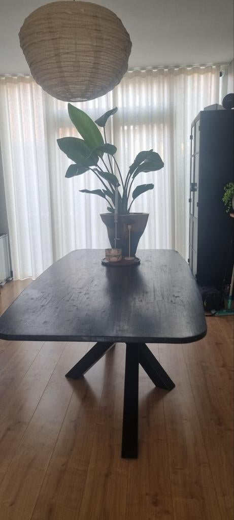 Stoere Eettafel met stalen poot., Huis en Inrichting, Tafels | Eettafels, Ophalen, Gebruikt, 200 cm of meer, 50 tot 100 cm