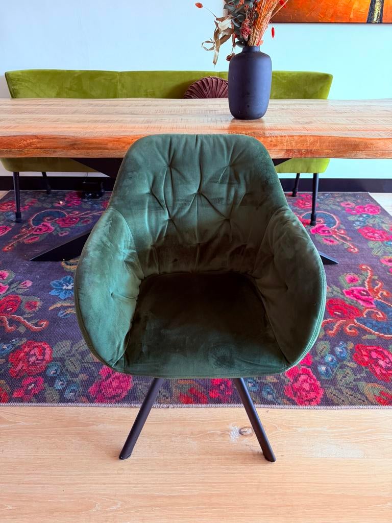 6 Westwing velvet groenen eetkamerstoelen, Huis en Inrichting, Stoelen, Overige kleuren, Ophalen of Verzenden, Zo goed als nieuw