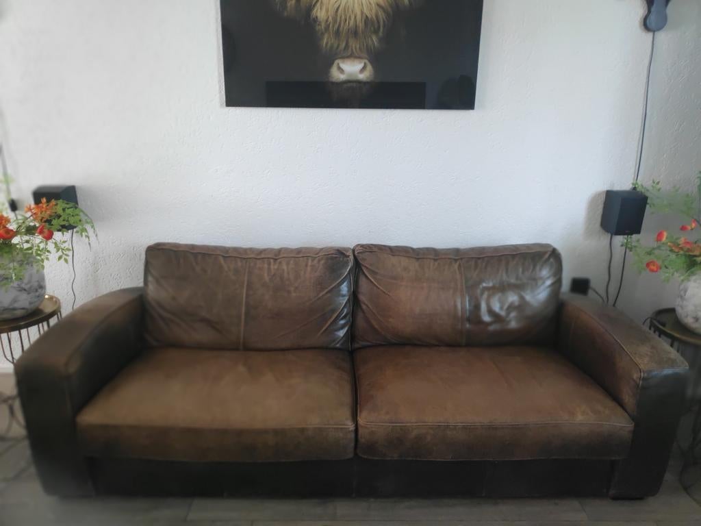 Robuust zwaar leren bankstel met 2 fateuils, Gebruikt, Driepersoons, Ophalen of Verzenden, 200 tot 250 cm