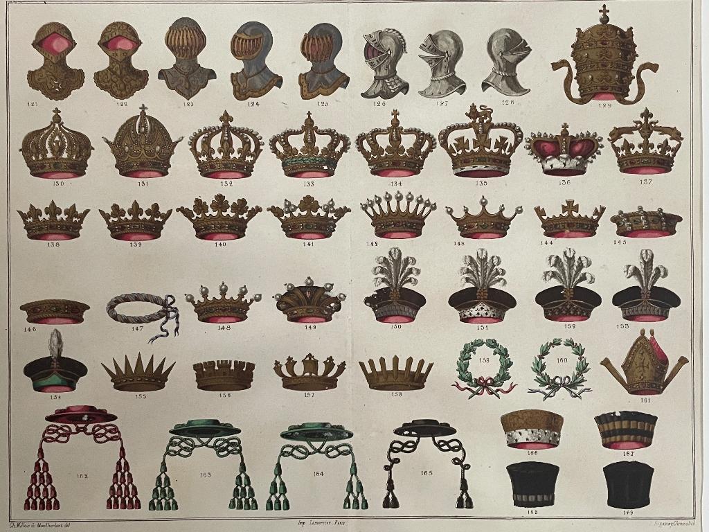 UNIEK 1865 Kronen, hoeden, hoofdeksels - OUD - P0625-001, Antiek en Kunst, Kunst | Etsen en Gravures, Ophalen of Verzenden, Ets