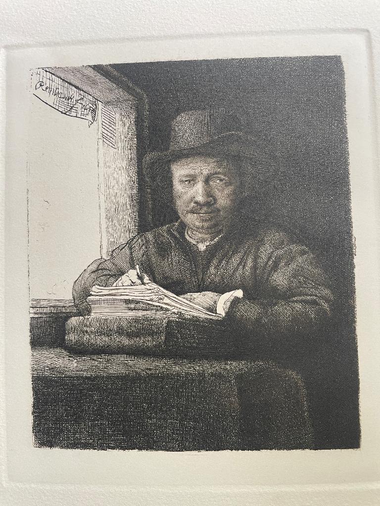 Rembrandt / zelfportret bij het venster - P0599, Antiek en Kunst, Ophalen of Verzenden, Ets, 1800 - 1899
